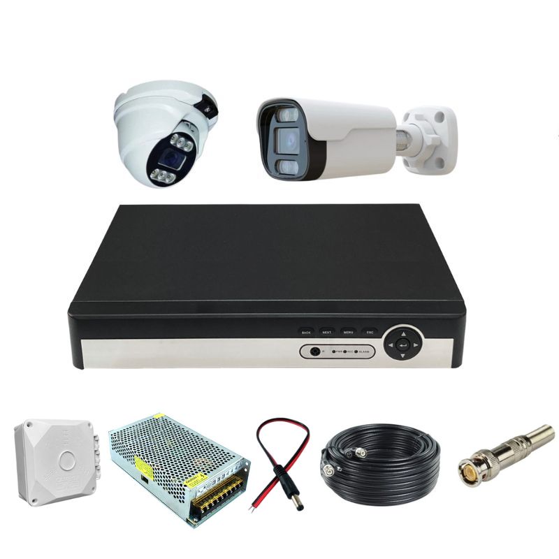 پکیج کامل سیستم مداربسته 2 دوربین فلزی 2mp ضد آب دید در شب رنگی و تشخیص چهره با 20 متر کابل رایگان