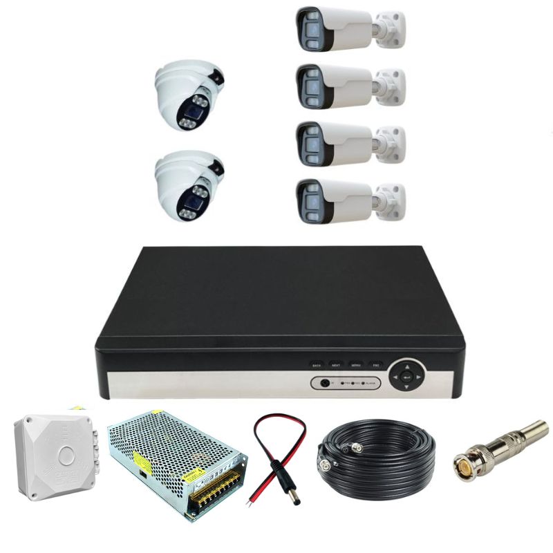 پکیج کامل سیستم مداربسته 6 دوربین فلزی 5mp ضد آب دید در شب رنگی و تشخیص چهره با 60 متر کابل رایگان
